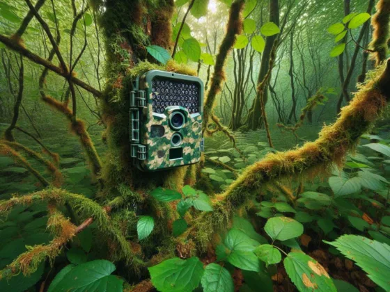 A trail camera hidden in dense woodland foliage.