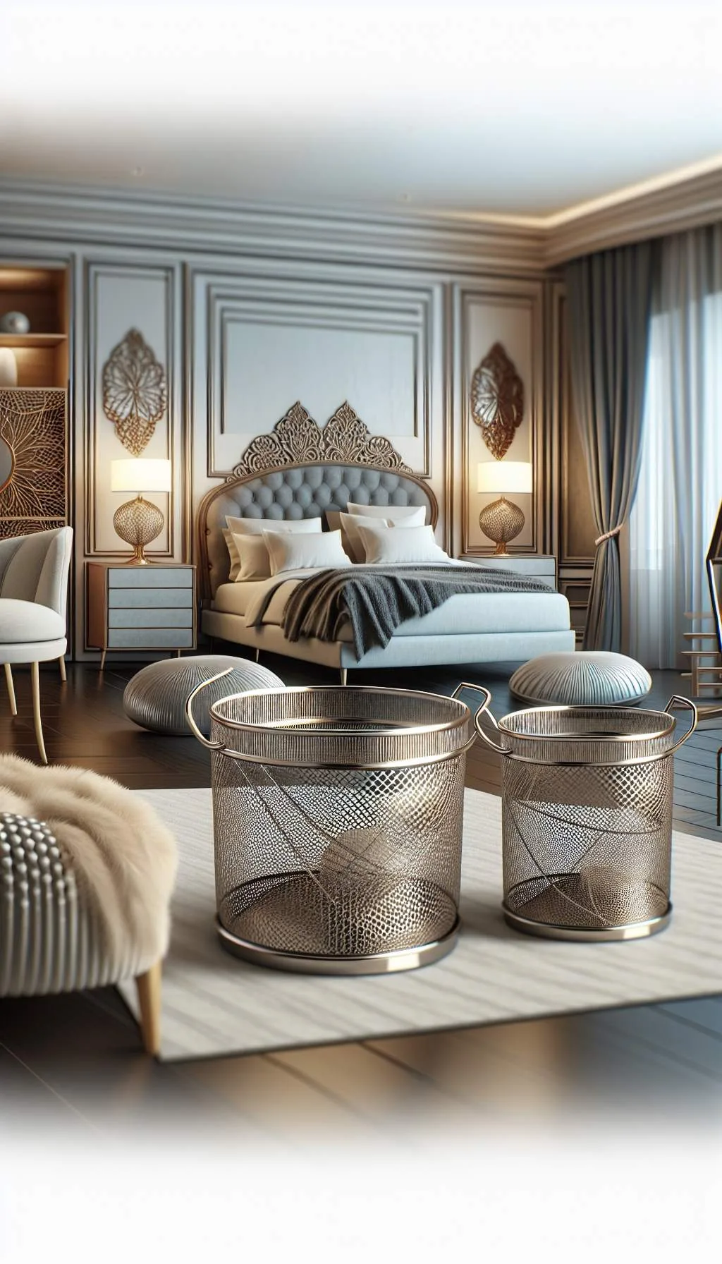 A metal strainers are ingeniously repurposed as storage solutions in a bedroom setting, capturing the beauty of their functionality and aesthetic appeal.