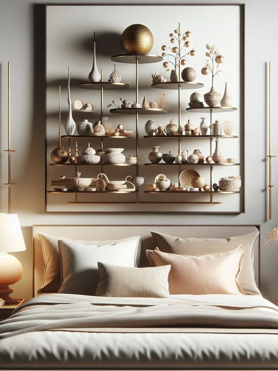 Tiered stand with carefully arranged trinkets in a tastefully designed bedroom.