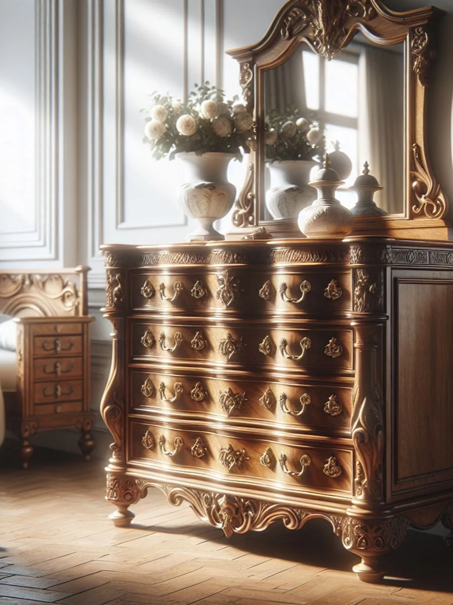 Vintage dresser with fresh flowers and mirror on top, flanked by balanced drawer stacks and bathed in natural light.