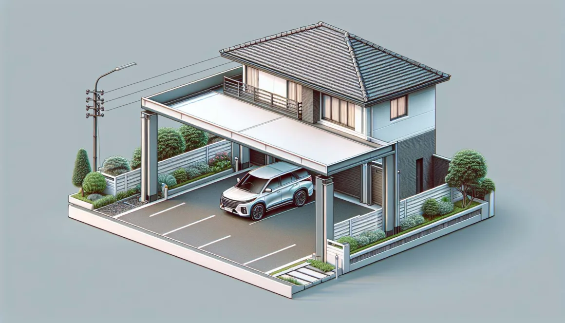 A carport attached to a residential house, with a vehicle parked underneath for protection from the weather.