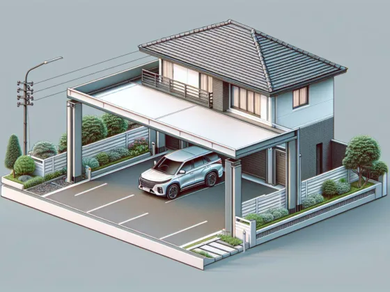 A carport attached to a residential house, with a vehicle parked underneath for protection from the weather.