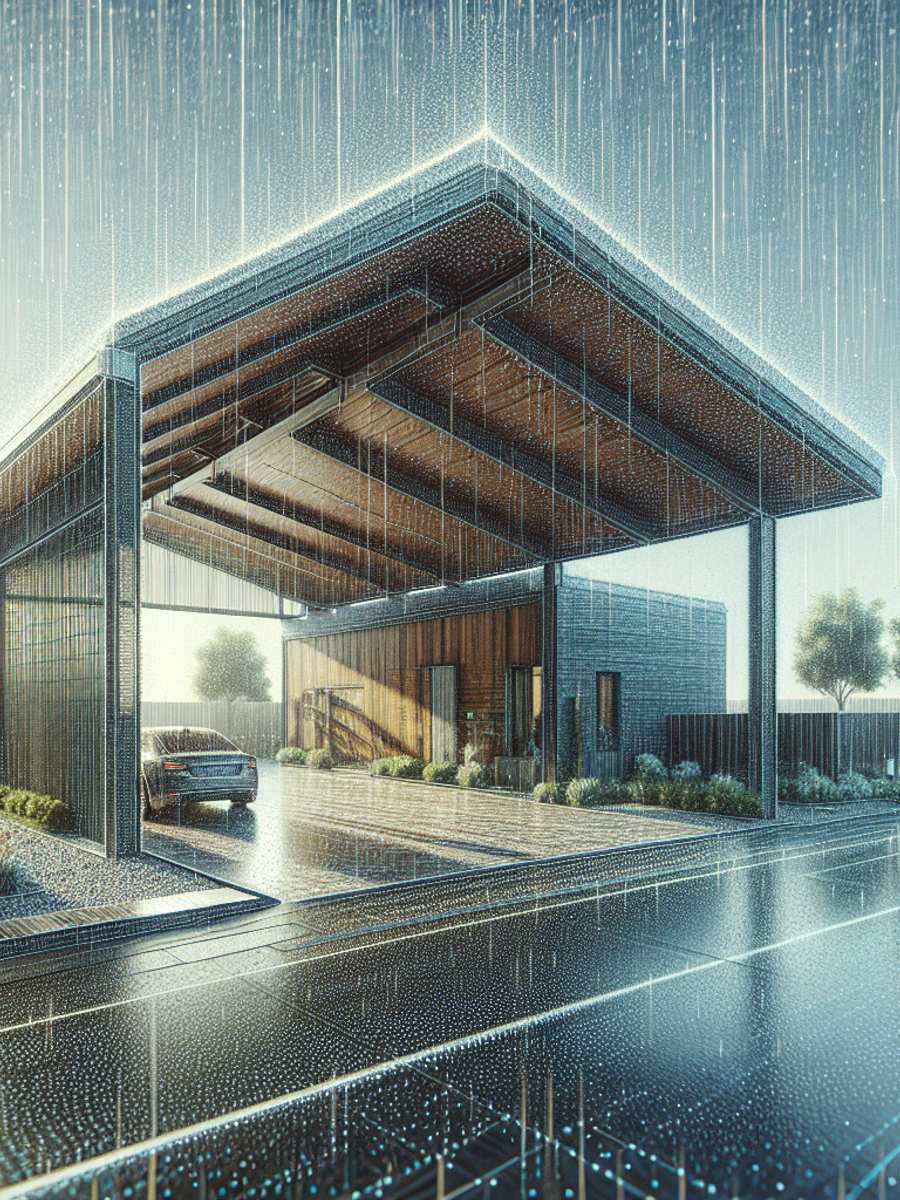 A sturdy carport roof with effective water drainage features, resisting gusty winds and mild drizzle.