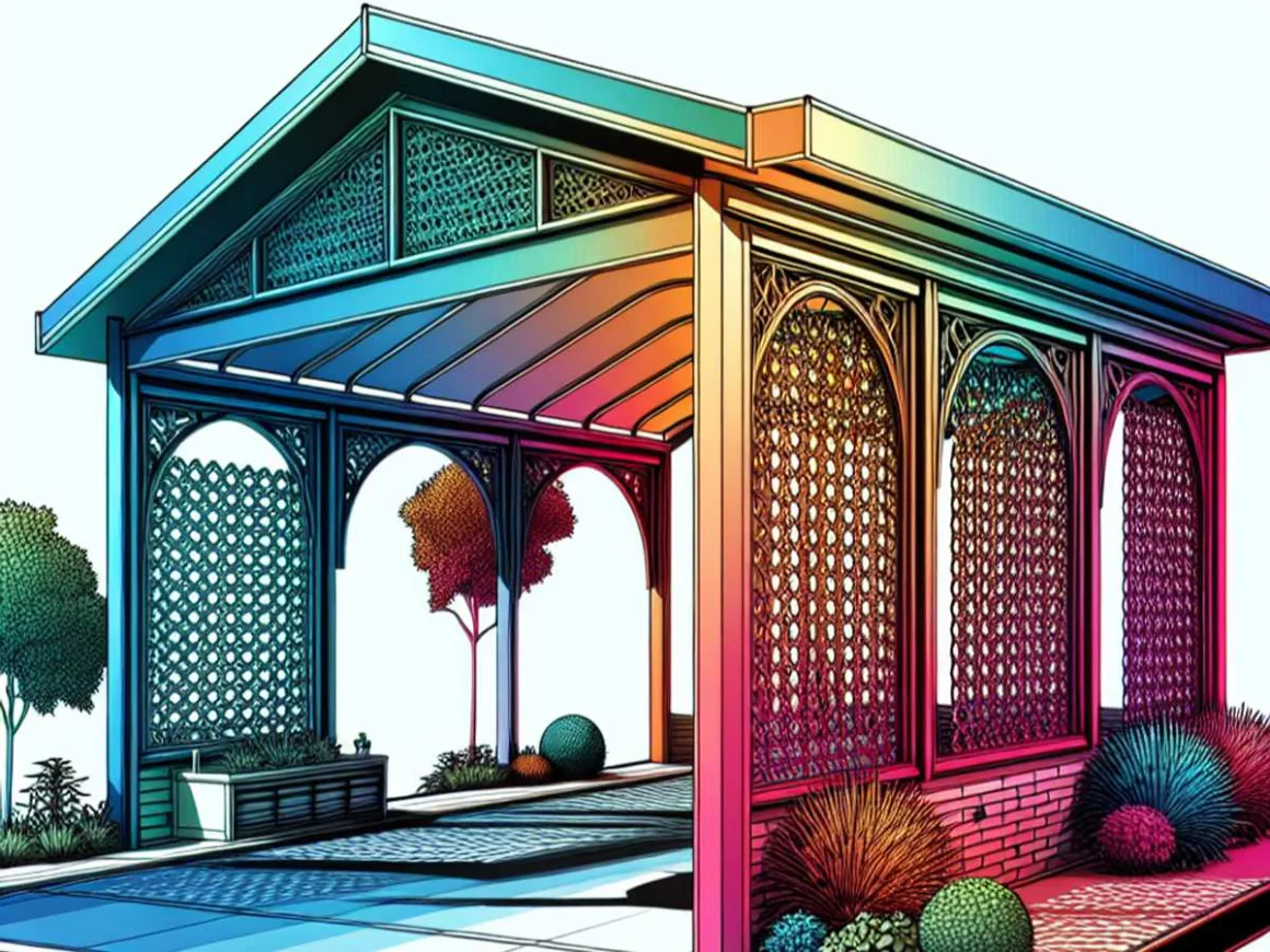 A carport with lattice panels providing privacy and ventilation, surrounded by a driveway, plantings, and a sidewalk.