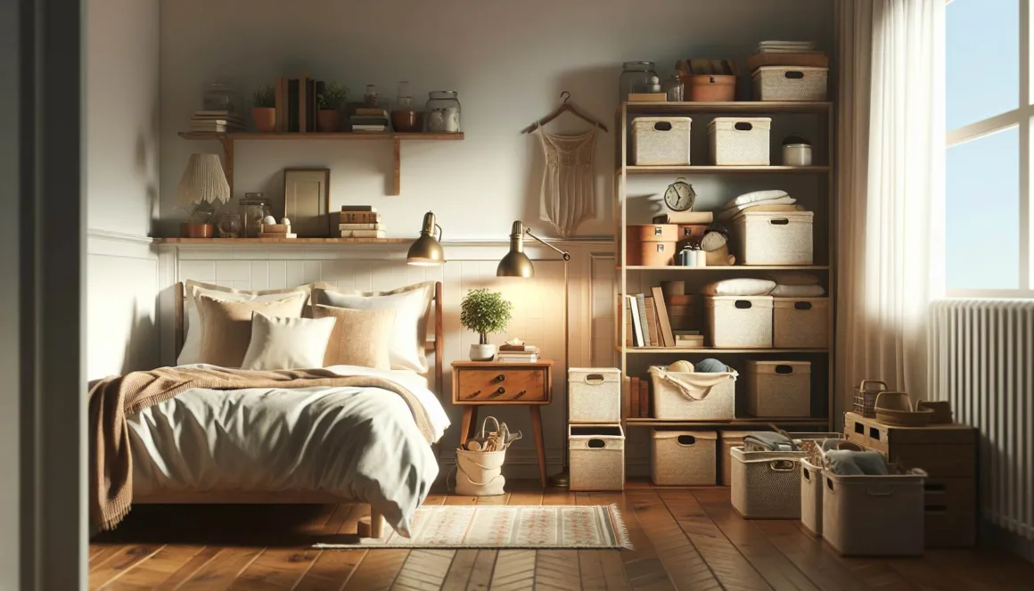 A neatly organized bedroom with visible thrifted storage solutions, exhibiting signs of sustainable living and mindful organization. The room contains a comfortable bed, an antique wooden bedside table, vintage storage boxes stacked efficiently, and a repurposed bookshelf storing various items. The color scheme is soothing and homely, and the lighting is natural, creating a warm and inviting ambiance. The room is tidy and aesthetically pleasing.
