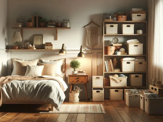 A neatly organized bedroom with visible thrifted storage solutions, exhibiting signs of sustainable living and mindful organization. The room contains a comfortable bed, an antique wooden bedside table, vintage storage boxes stacked efficiently, and a repurposed bookshelf storing various items. The color scheme is soothing and homely, and the lighting is natural, creating a warm and inviting ambiance. The room is tidy and aesthetically pleasing.