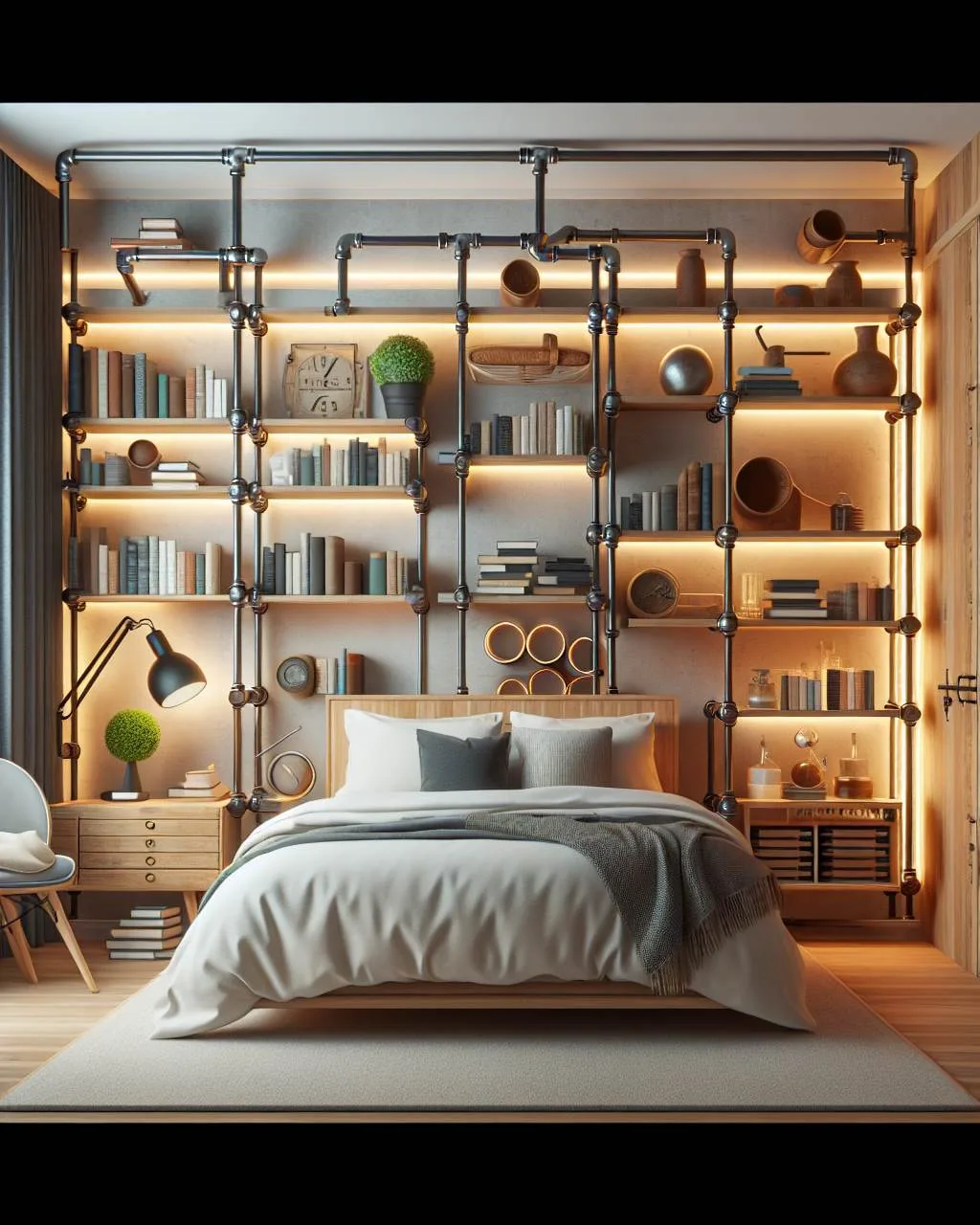 Industrial pipe shelving unit with metal pipes, adorned with books, potted plants, vintage lamps, and decorative objects.