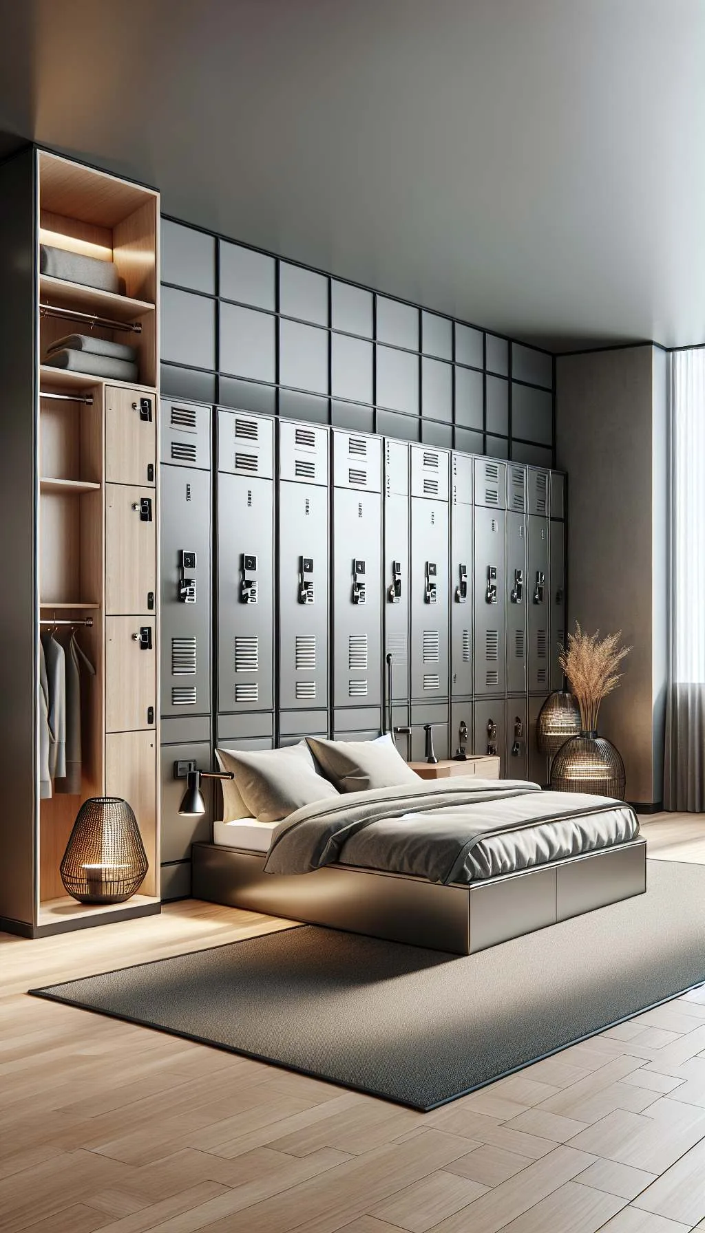 Stylish modern bedroom with repurposed lockers as unique storage solutions.