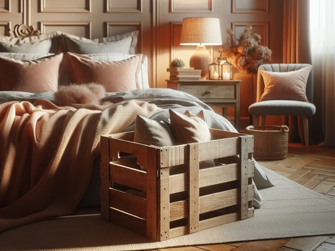 Cozy bedroom with rustic wooden crate, natural lighting, fully made bed, side table with lamp, and plush chair.