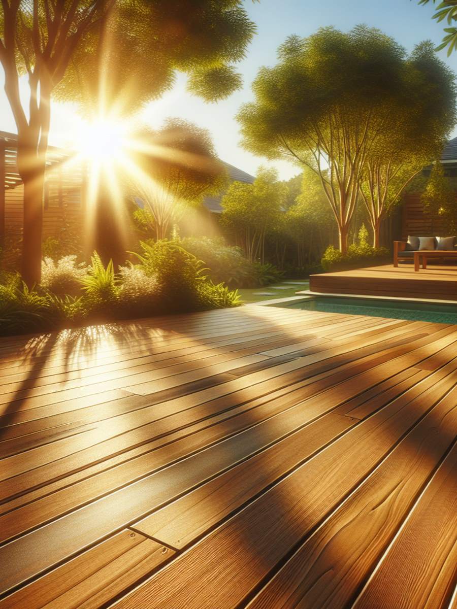 A clean and well-maintained wooden deck under warm sunlight, showcasing natural texture and color with beautiful light and shadow play.