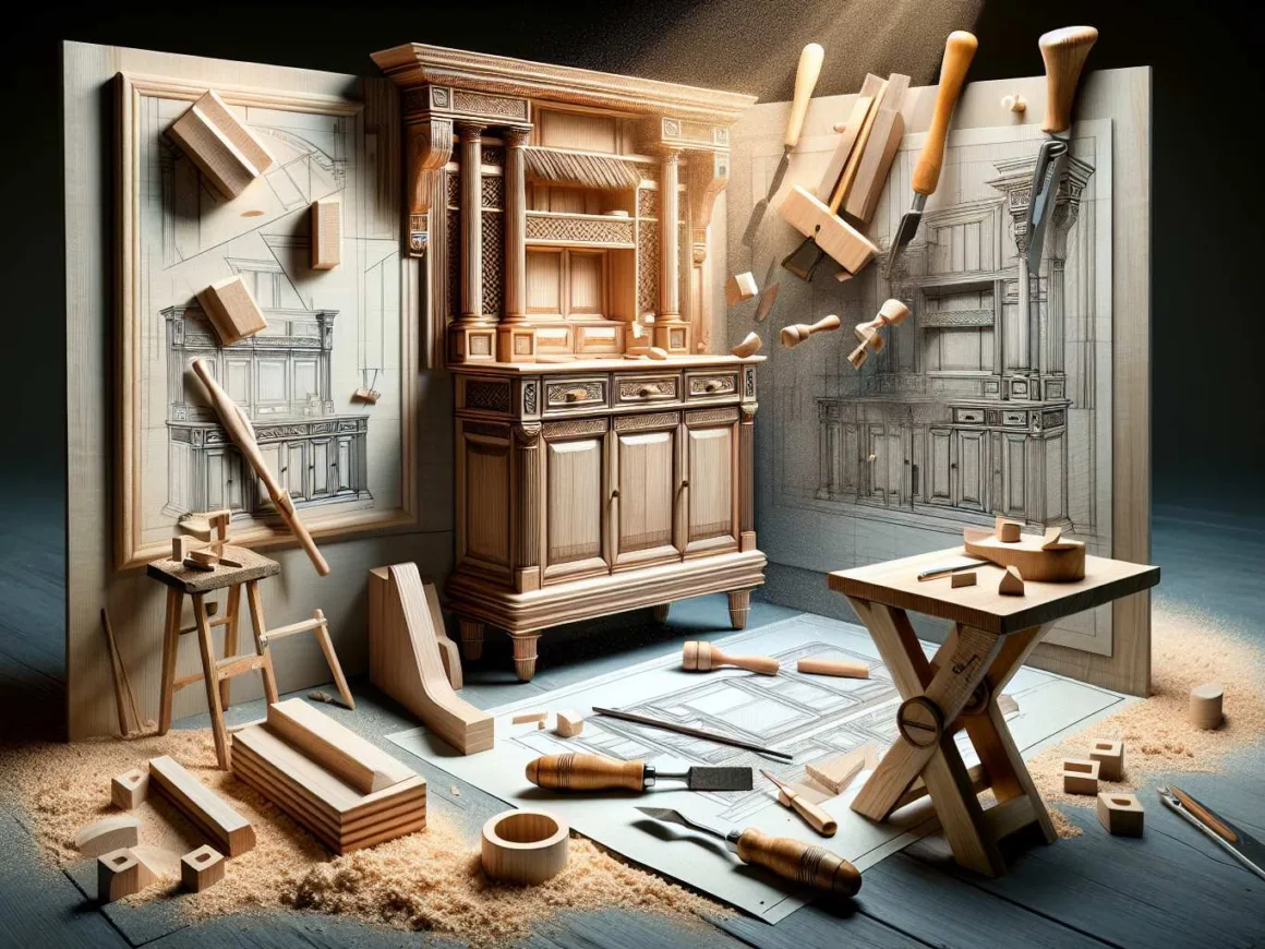 A woodworker uses hand tools to meticulously carve intricate details into a wooden cabinet, with sawhorse support and wood dust in the air.