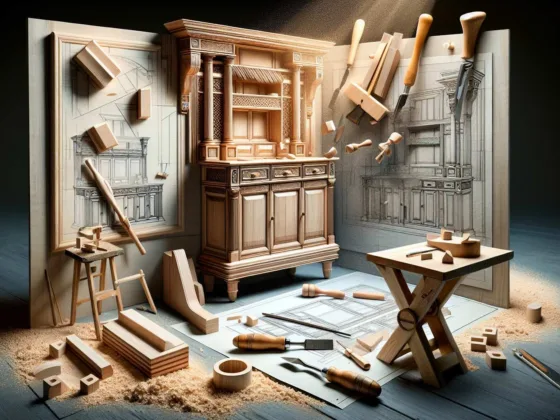 A woodworker uses hand tools to meticulously carve intricate details into a wooden cabinet, with sawhorse support and wood dust in the air.