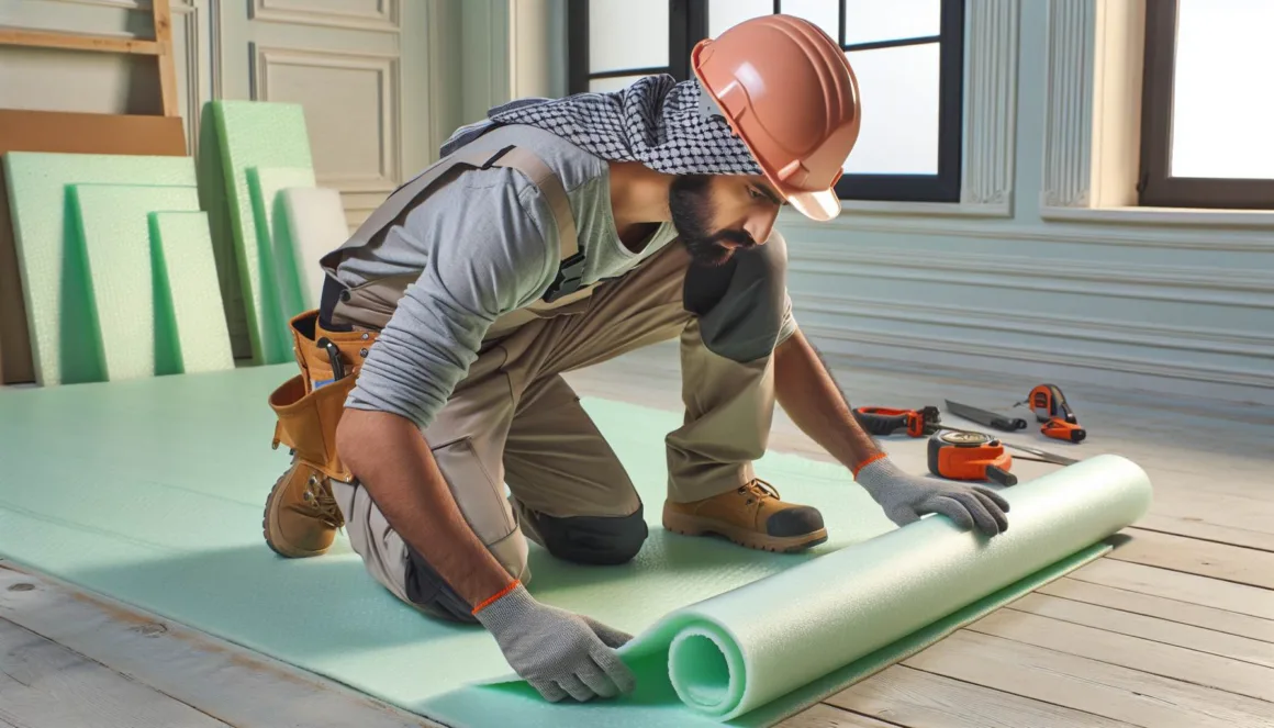 A construction worker installing light green polyethylene foam underlayment on a wooden floor.