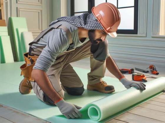 A construction worker installing light green polyethylene foam underlayment on a wooden floor.