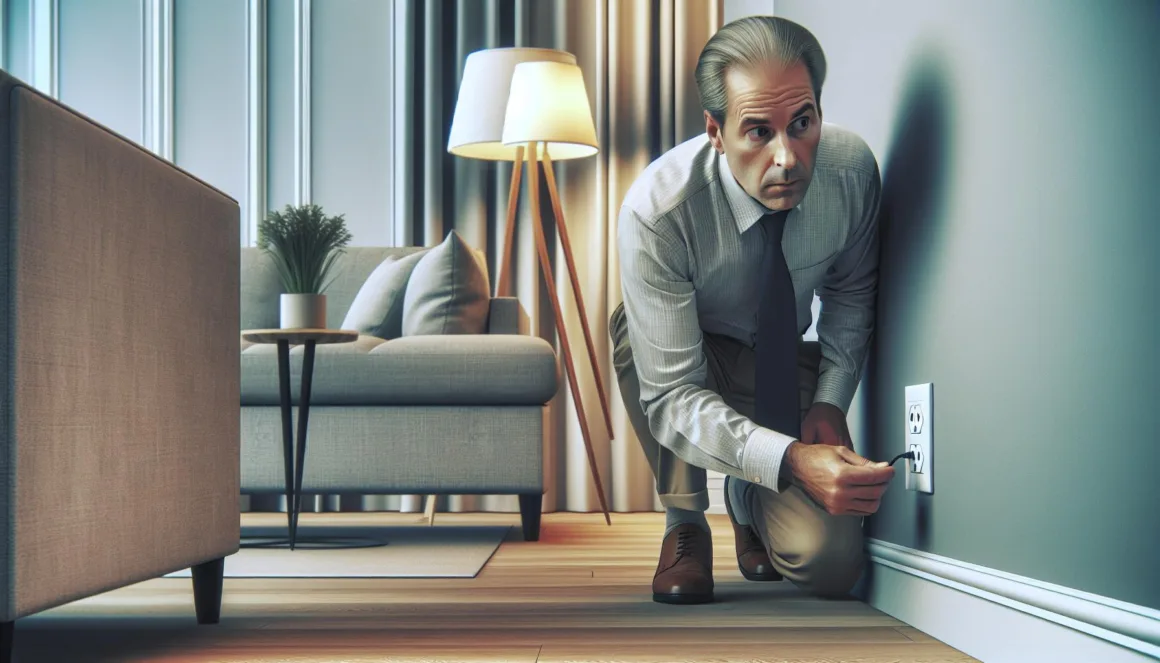 A man attire stooped down to inspect an electrical outlet with a concerned expression on his face.