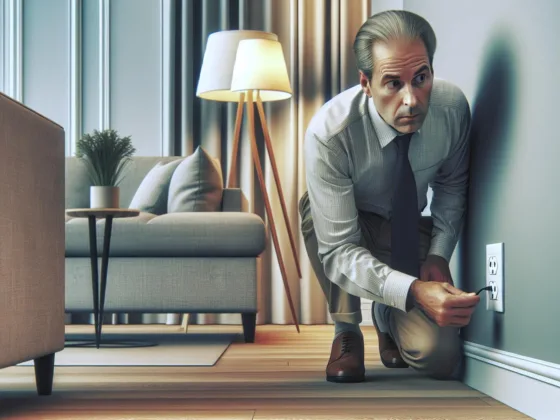 A man attire stooped down to inspect an electrical outlet with a concerned expression on his face.