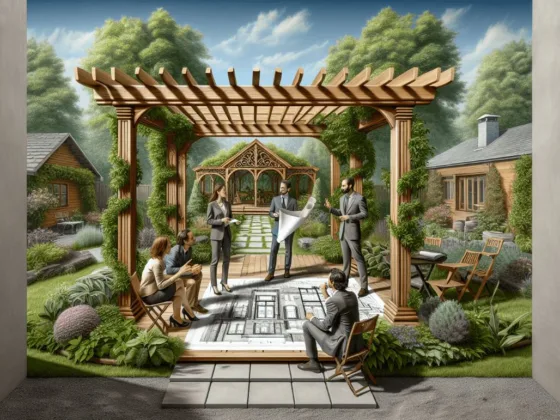A lush garden setting featuring a beautifully designed wooden pergola in the foreground, with a group of four individuals engaged in conversation. A Caucasian man holds architectural blueprints, while a Hispanic woman gestures as she explains something. Two other individuals display expressions of understanding and confusion, highlighting the complexities of permit requirements for outdoor construction. The vibrant greenery and flowers surrounding them enhance the collaborative atmosphere of their planning meeting.