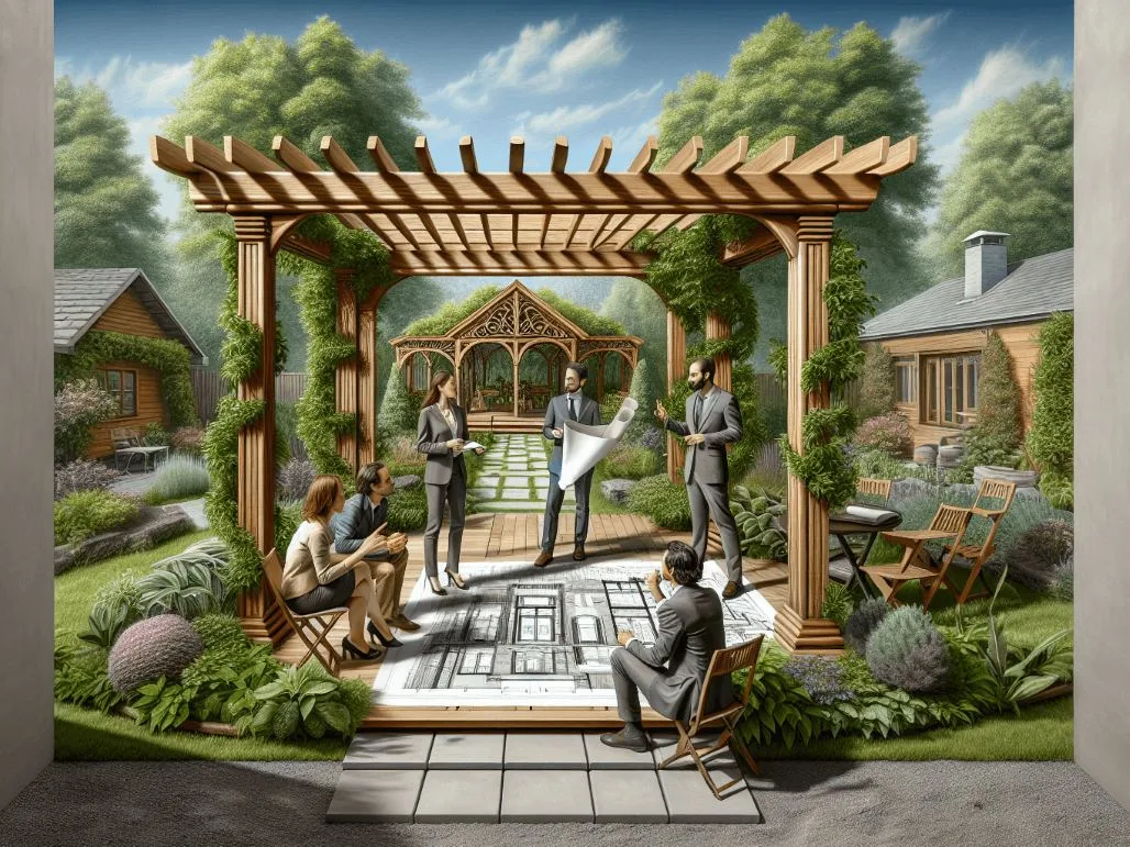 A lush garden setting featuring a beautifully designed wooden pergola in the foreground, with a group of four individuals engaged in conversation. A Caucasian man holds architectural blueprints, while a Hispanic woman gestures as she explains something. Two other individuals display expressions of understanding and confusion, highlighting the complexities of permit requirements for outdoor construction. The vibrant greenery and flowers surrounding them enhance the collaborative atmosphere of their planning meeting.