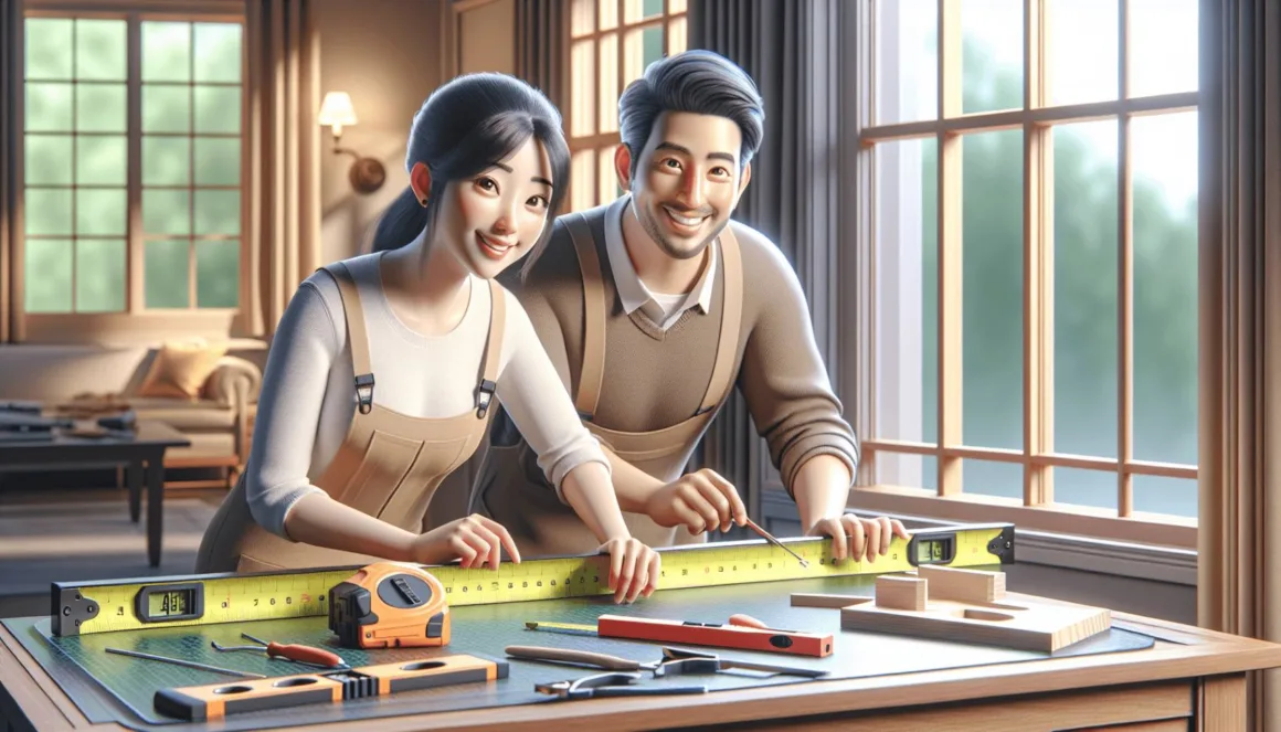 A 3D rendered image of measuring a window with a tape measure, showcasing their teamwork and focus. Nearby, a table is filled with various tools, including a level and a square. The background features a cozy and inviting home interior, enhancing the warm atmosphere of the scene.