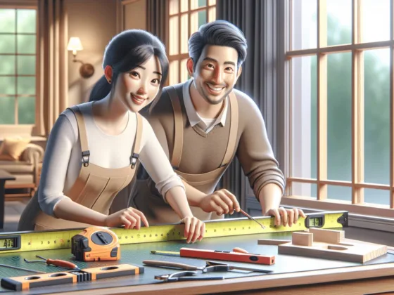 A 3D rendered image of measuring a window with a tape measure, showcasing their teamwork and focus. Nearby, a table is filled with various tools, including a level and a square. The background features a cozy and inviting home interior, enhancing the warm atmosphere of the scene.