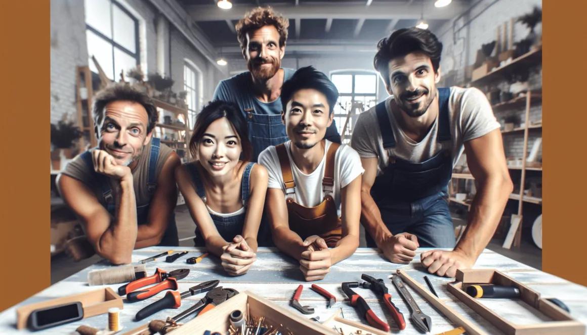 A diverse group of DIY enthusiasts are gathered around a cluttered table filled with various tools and materials. They display expressions of determination and excitement as they collaborate on their projects in a bright and inviting workshop. The background features unfinished DIY projects, emphasizing their creativity and enthusiasm for overcoming challenges.
