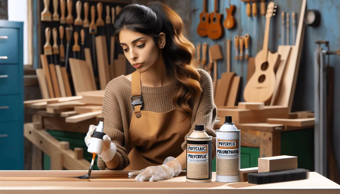 A woodworker applying a clear finish to a wooden surface in a bright workshop filled with various woodworking tools and wood pieces, with polycrylic and polyurethane products displayed on the workbench, showcasing her craftsmanship and the beauty of finished wood.