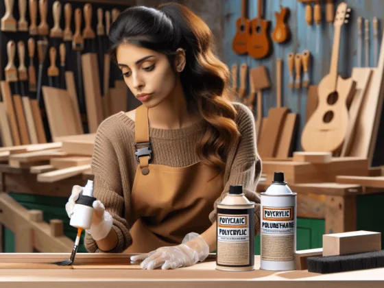 A woodworker applying a clear finish to a wooden surface in a bright workshop filled with various woodworking tools and wood pieces, with polycrylic and polyurethane products displayed on the workbench, showcasing her craftsmanship and the beauty of finished wood.