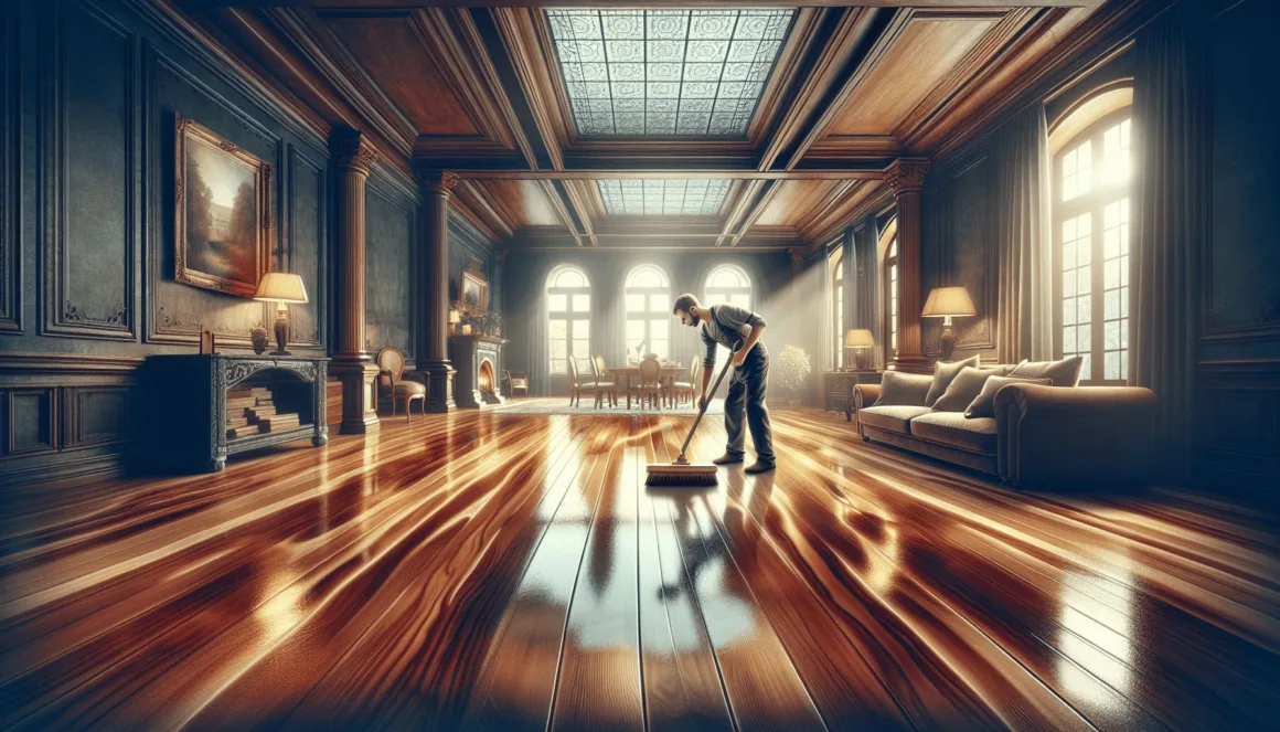 A well-lit living room featuring newly refinished hardwood floors with rich grain patterns, where a man is applying finishing gloss with a large bristle brush. The room is tastefully decorated, highlighting the beauty of the floor.