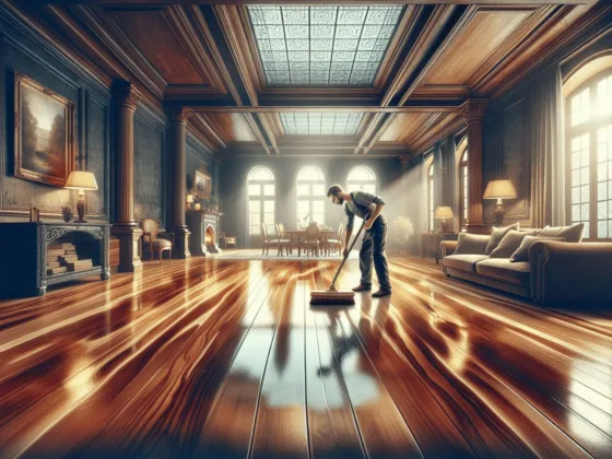 A well-lit living room featuring newly refinished hardwood floors with rich grain patterns, where a man is applying finishing gloss with a large bristle brush. The room is tastefully decorated, highlighting the beauty of the floor.
