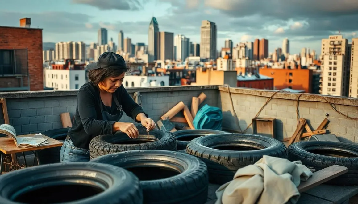 An urban rooftop workshop where a woman are collaborating on tire ottomans.