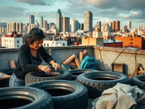 An urban rooftop workshop where a woman are collaborating on tire ottomans.