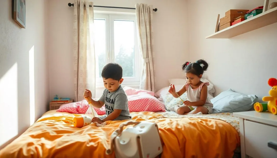 Two children cleaning their shared bedroom, filled with bright bedding and toys, with a window showing a sunny day outside, emphasizing the importance of sharing responsibilities.