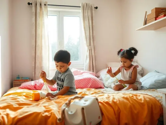 Two children cleaning their shared bedroom, filled with bright bedding and toys, with a window showing a sunny day outside, emphasizing the importance of sharing responsibilities.