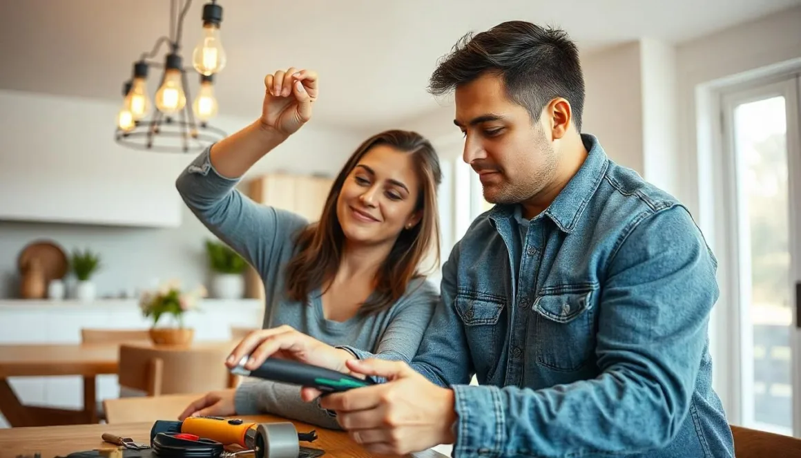 A couple collaborating on installing a dimmer switch in a modern dining area.