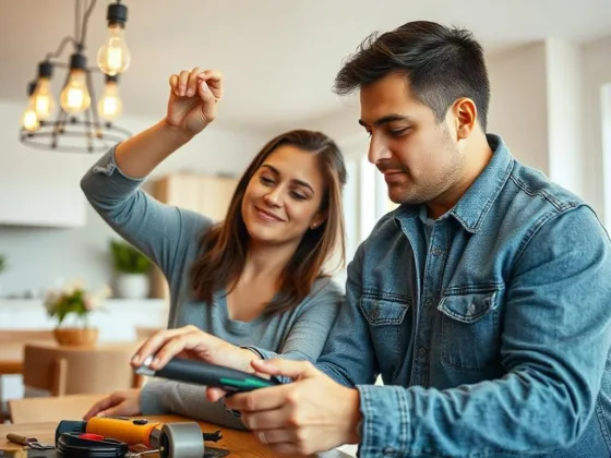 A couple collaborating on installing a dimmer switch in a modern dining area.