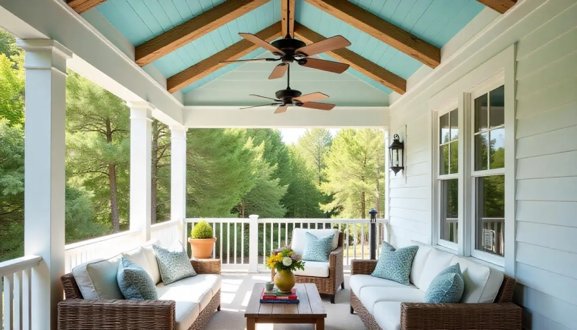Bright porch ceiling with light blue geometric patterns, rustic faux wooden beams, modern ceiling fans, cozy furniture, and soft natural lighting.