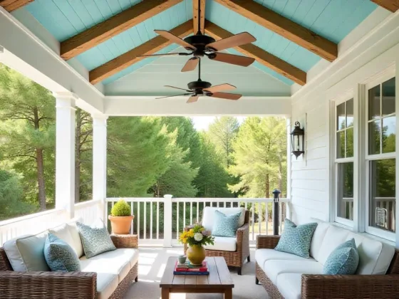 Bright porch ceiling with light blue geometric patterns, rustic faux wooden beams, modern ceiling fans, cozy furniture, and soft natural lighting.