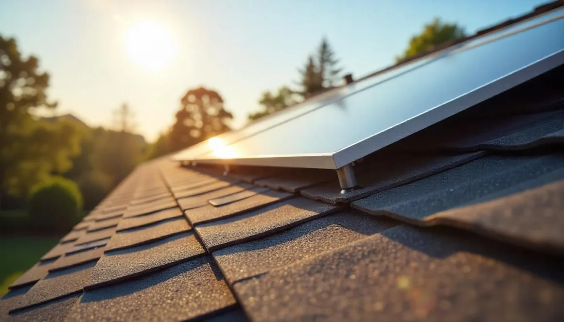 Close-up of roof shingles and mounting brackets on a residential roof under bright sunlight during solar panel installation preparation.