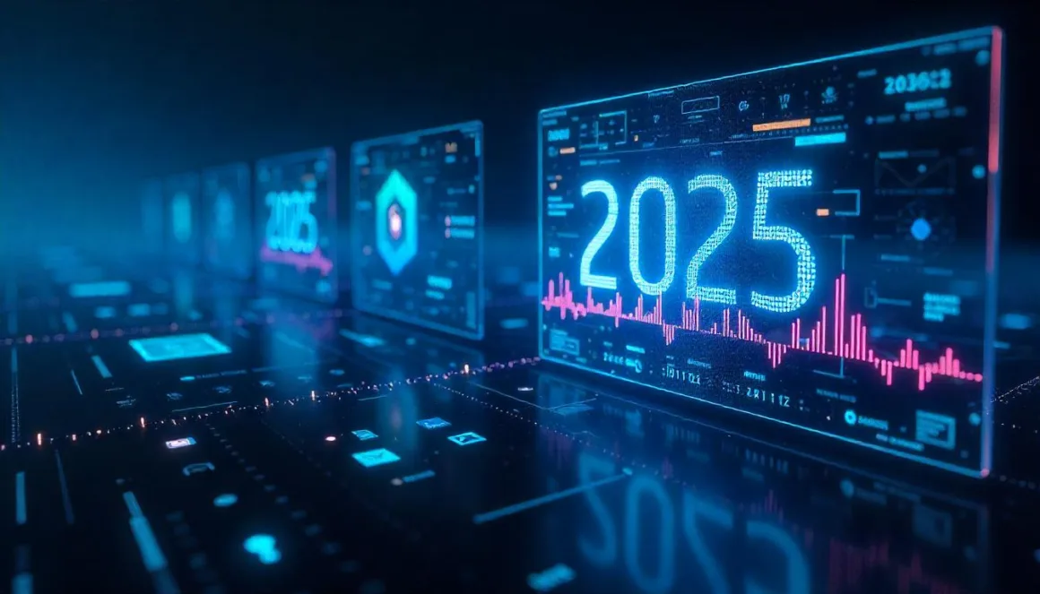 Futuristic digital landscape with holographic screens displaying text, images, audio waves, and videos, representing advanced AI technologies in 2025.
