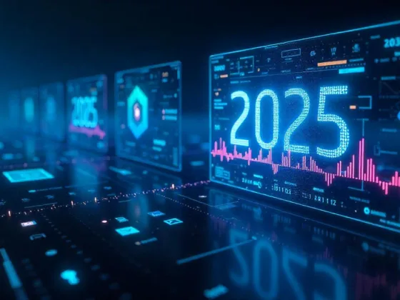 Futuristic digital landscape with holographic screens displaying text, images, audio waves, and videos, representing advanced AI technologies in 2025.