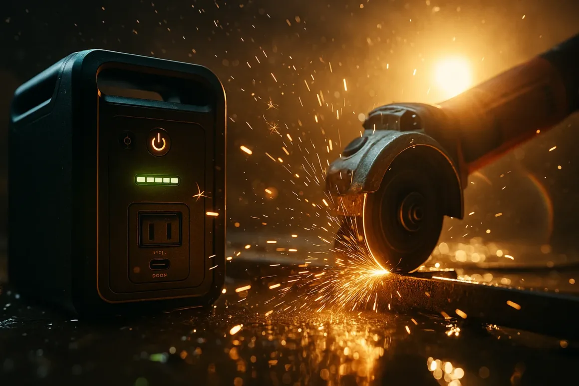 Portable power station 5000W supplying clean energy to power tools during home improvement, with sparks flying from an angle grinder.
