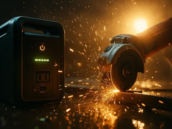 Portable power station 5000W supplying clean energy to power tools during home improvement, with sparks flying from an angle grinder.