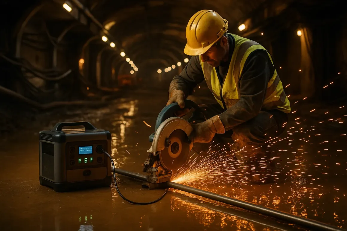 Construction worker using a circular saw powered by a 5000W portable power station in an underground tunnel, sparks flying during metal cutting.