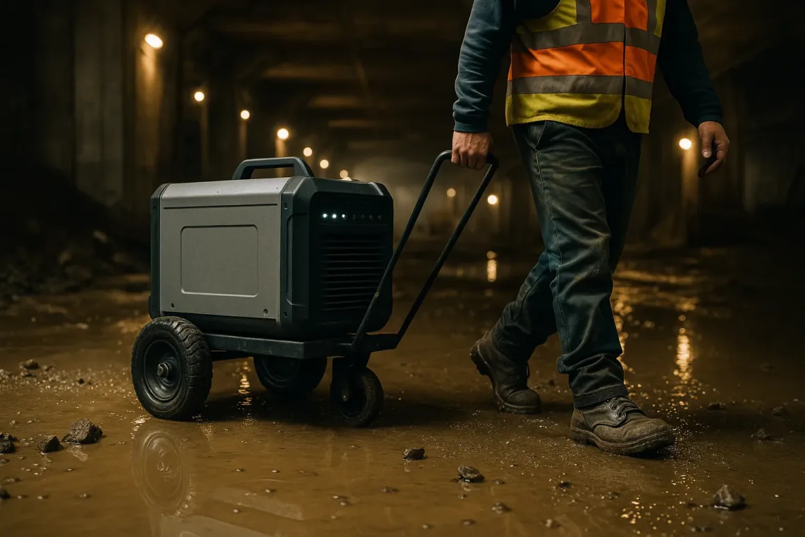 Construction worker towing a heavy-duty portable power station on wheels across a muddy underground worksite, showing mobility and durability.